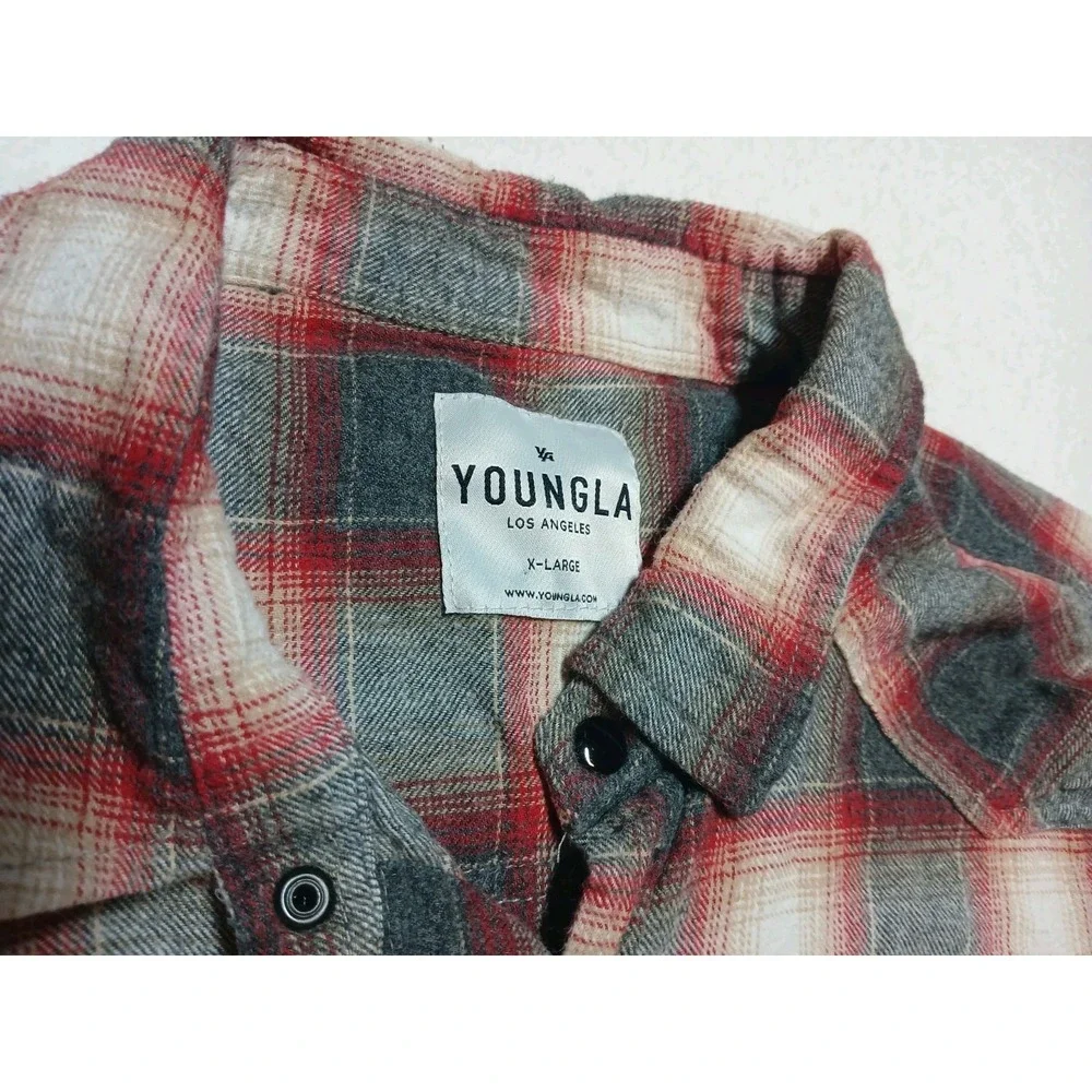 Young LA Men's XL Flannel Shirt Red Grey Plaid Distressed Raw Hem Snap Button